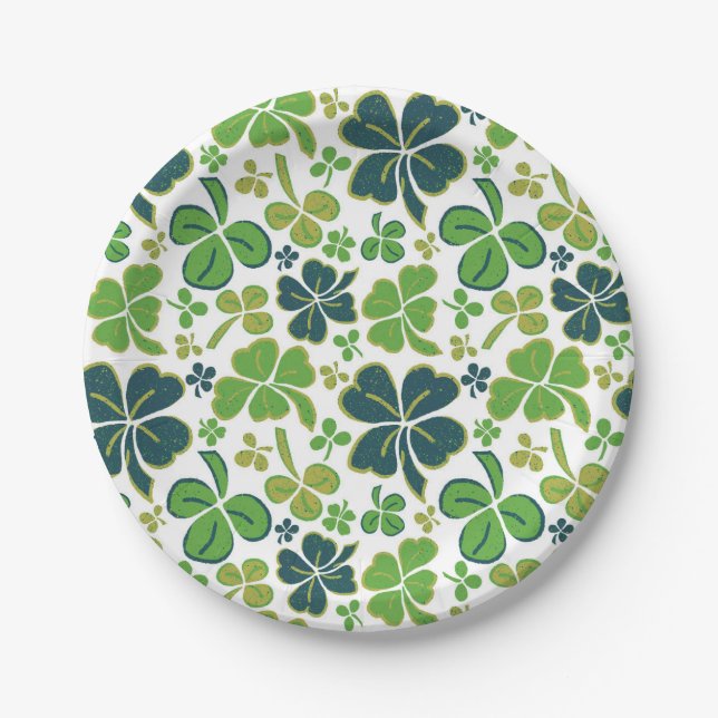 Green Lucky Shamrocks Clover St. Patrick`s Day  Paper Plate (Front)