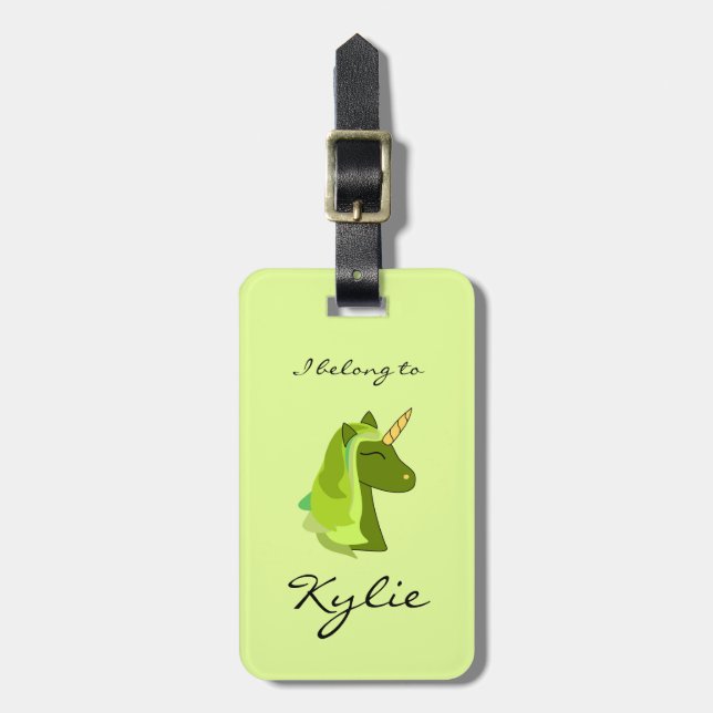 Green lucky unicorn luggage tag (Front Vertical)