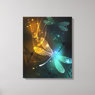 Green luminous dragonfly flight canvas print