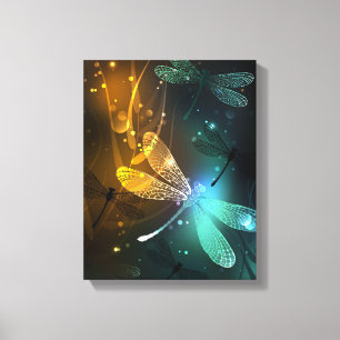 Green luminous dragonfly flight canvas print