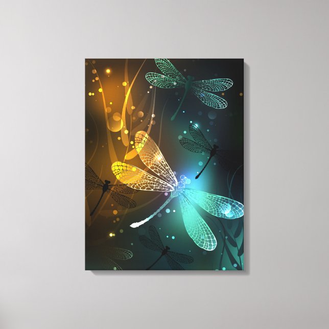 Green luminous dragonfly flight canvas print (Front)