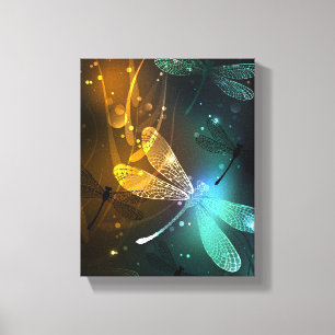 Green luminous dragonfly flight canvas print