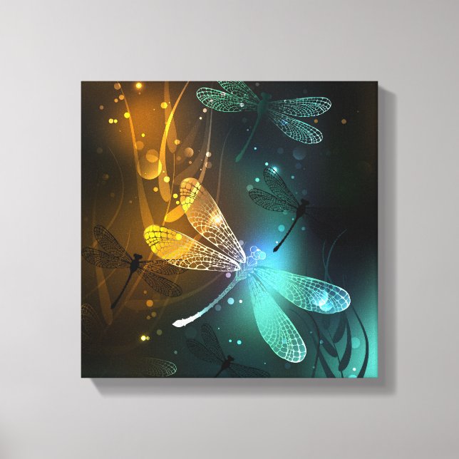 Green luminous dragonfly flight canvas print (Front)