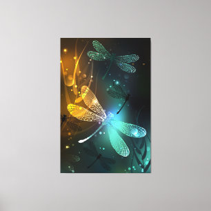 Green luminous dragonfly flight canvas print