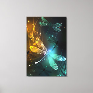 Green luminous dragonfly flight canvas print