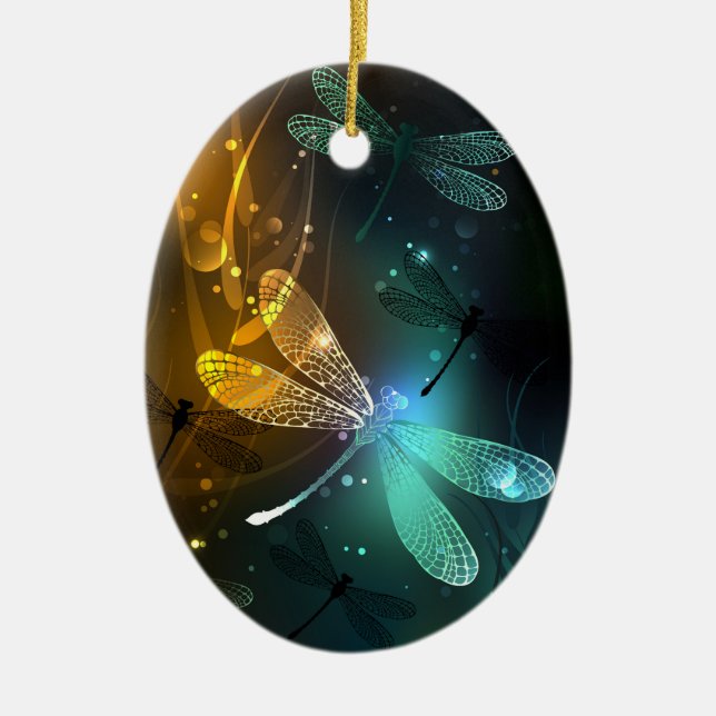 Green luminous dragonfly flight ceramic tree decoration (Front)
