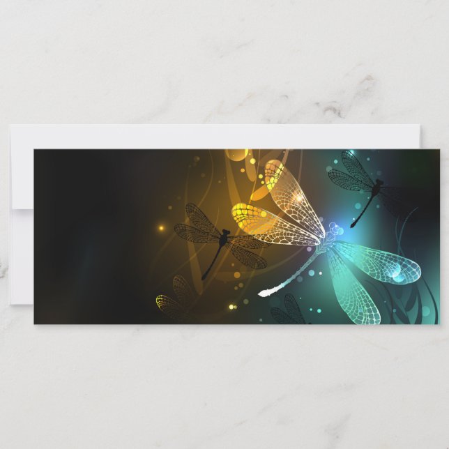 Green luminous dragonfly flight holiday card (Front)