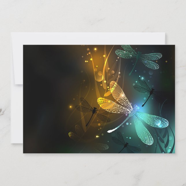 Green luminous dragonfly flight holiday card (Front)