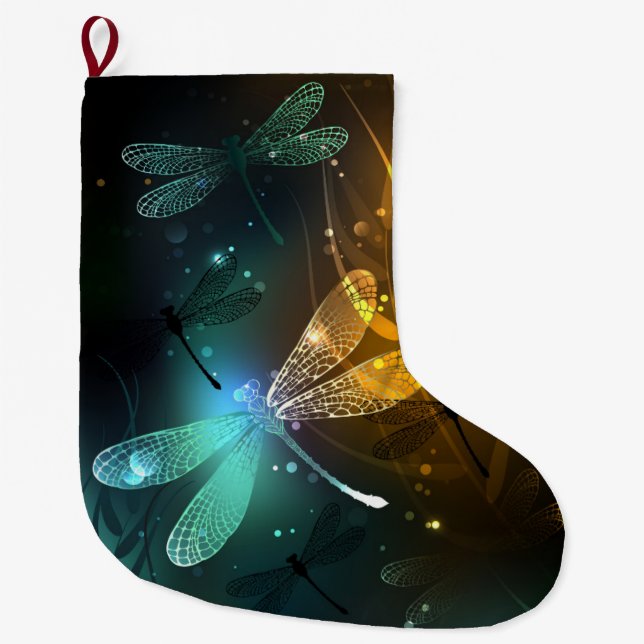Green luminous dragonfly flight large christmas stocking (Front)