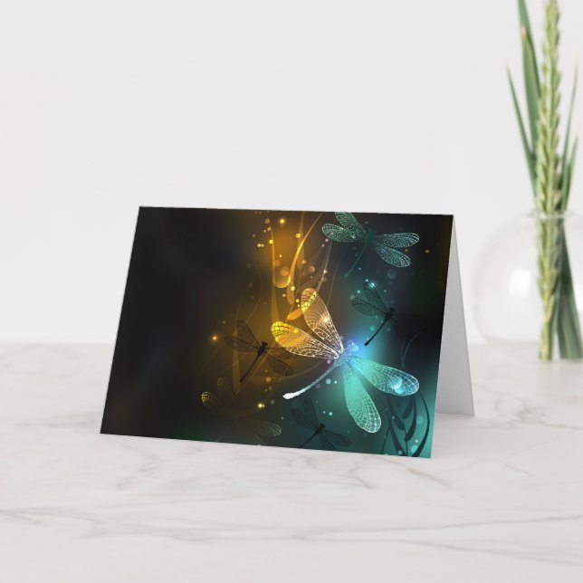Green luminous dragonfly flight note card (Front)