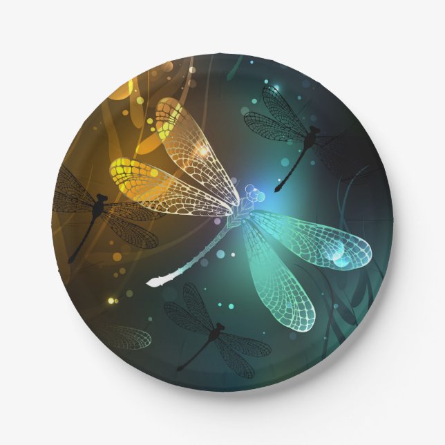Green luminous dragonfly flight paper plate (Front)