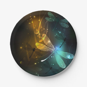 Green luminous dragonfly flight paper plate