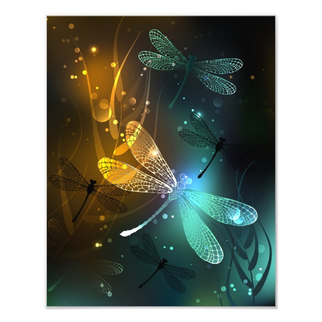 Green luminous dragonfly flight photo print (Front)