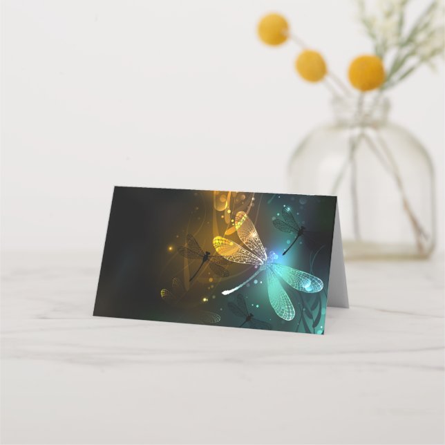 Green luminous dragonfly flight place card (Front)