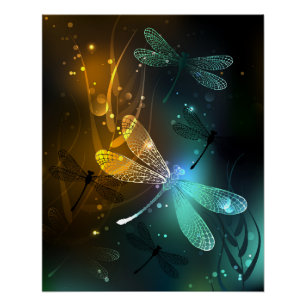 Green luminous dragonfly flight poster