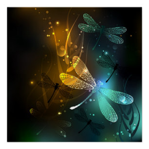 Green luminous dragonfly flight poster