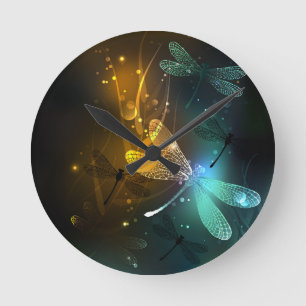 Green luminous dragonfly flight round clock