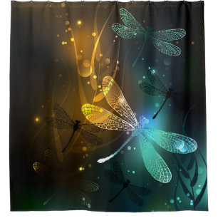 Green luminous dragonfly flight shower curtain