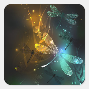 Green luminous dragonfly flight square sticker
