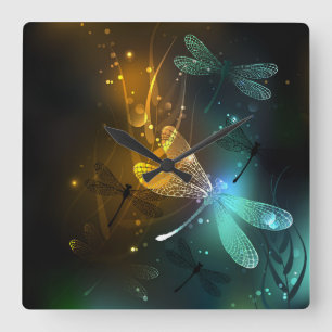 Green luminous dragonfly flight square wall clock