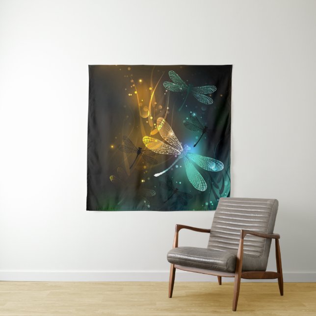 Green luminous dragonfly flight tapestry (In Situ)