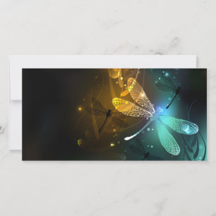 Green luminous dragonfly flight thank you card