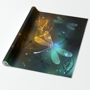 Green luminous dragonfly flight wrapping paper