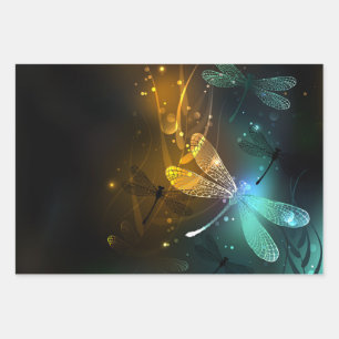 Green luminous dragonfly flight wrapping paper sheet