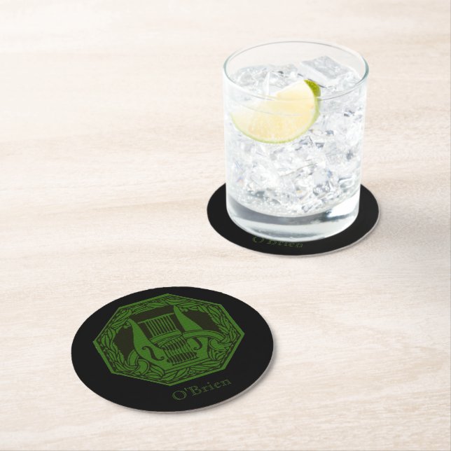 Green Lyre Badge Customisable Round Paper Coaster (Insitu)