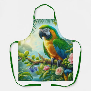 Green macaw tropical floral apron