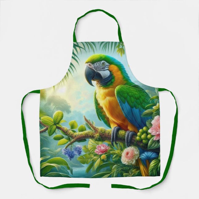 Green macaw tropical floral apron (Front)