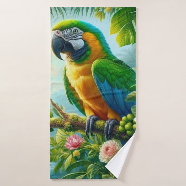Green macaw tropical floral bath towel (Bath Towel)