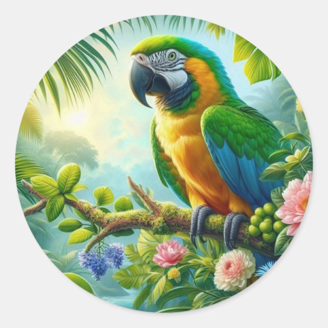 Green macaw tropical floral classic round sticker (Front)