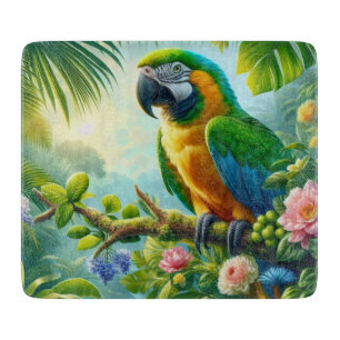 Green macaw tropical floral cutting board