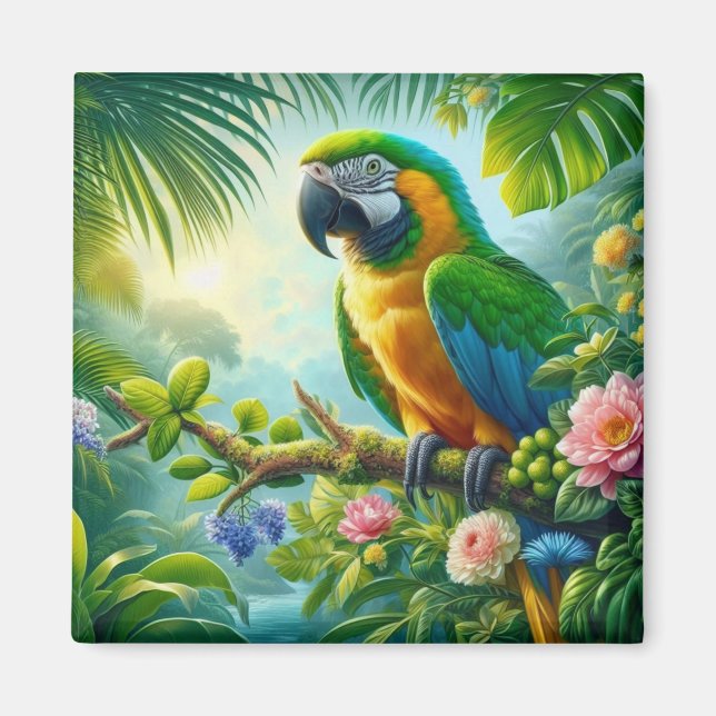Green macaw tropical floral magnet (Front)