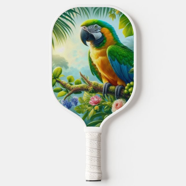 Green macaw tropical floral pickleball paddle (Front)