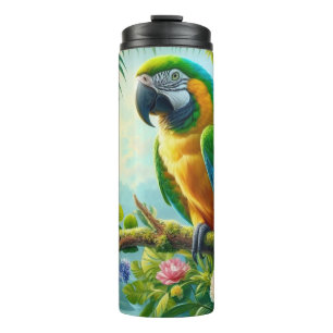Green macaw tropical floral thermal tumbler