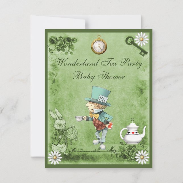 Green Mad Hatter Wonderland Tea Party Baby Shower Invitation (Front)