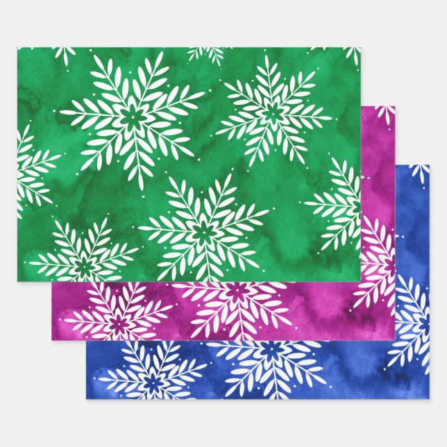 Green Magenta Blue Abstract Watercolor Snowflakes  Wrapping Paper Sheet (Set)