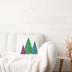 Green Magenta Teal Watercolor Trees Cushion