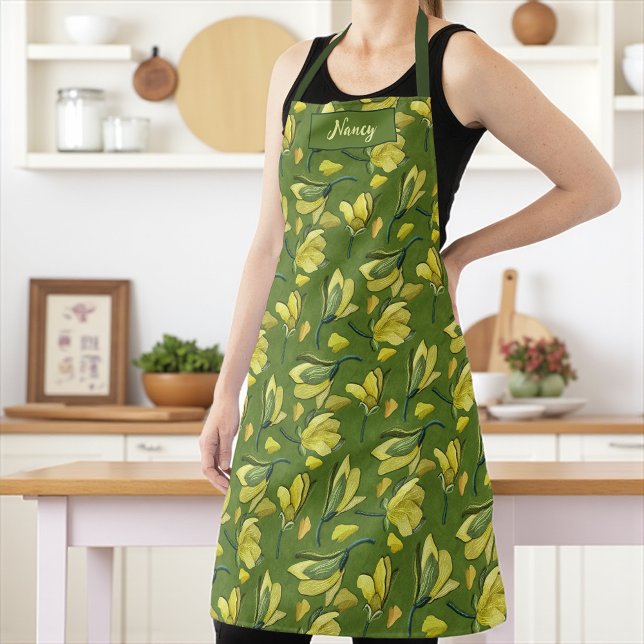 Green Magnolia Floral Personalised  Apron (Elegant green apron with yellow magnolia flowers and custom name, ideal for cooks and gardeners.
)