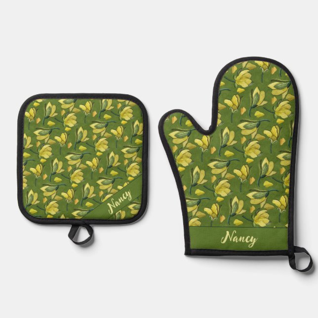 Green Magnolia Floral Personalised  Oven Mitt & Pot Holder Set (Front)