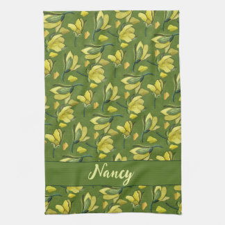 Green Magnolia Floral Personalised  Tea Towel
