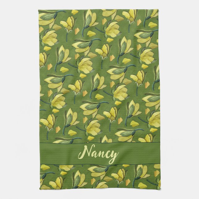 Green Magnolia Floral Personalised  Tea Towel (Vertical)