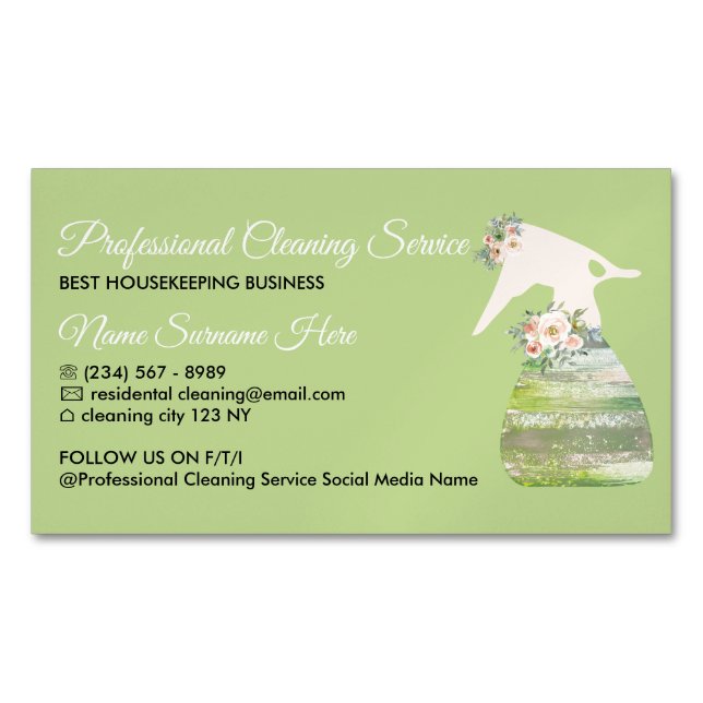 Green Maid Spray Flower Cleaning Magnetic Business Card (Front)