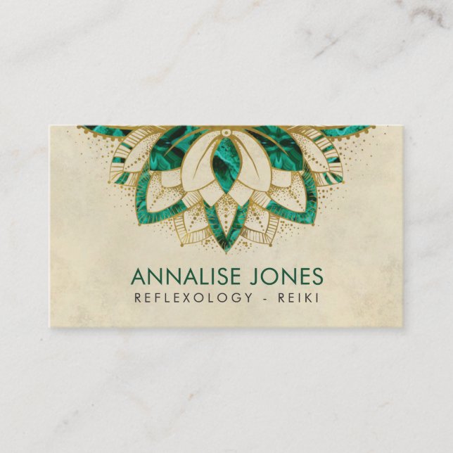 Green Malachite and gold frame Lotus Business Card (Front)