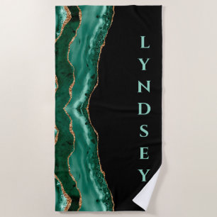Green Malachite, Gold Glitter - Black - Your Name  Beach Towel