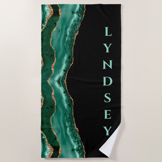 Green Malachite, Gold Glitter - Black - Your Name  Beach Towel (Front)