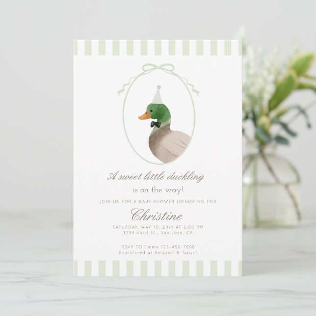 green mallard duck baby shower invitation (Standing Front)