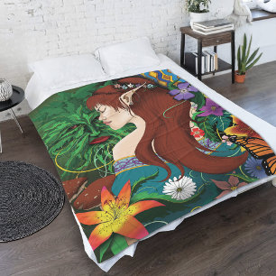 Green Man Elf Fantasy Floral Fleece Blanket